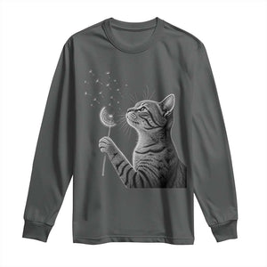 Cat Blowing Dandelion Long Sleeve Shirt Kitten Making A Wish Nature Art TS11 Dark Heather Print Your Wear