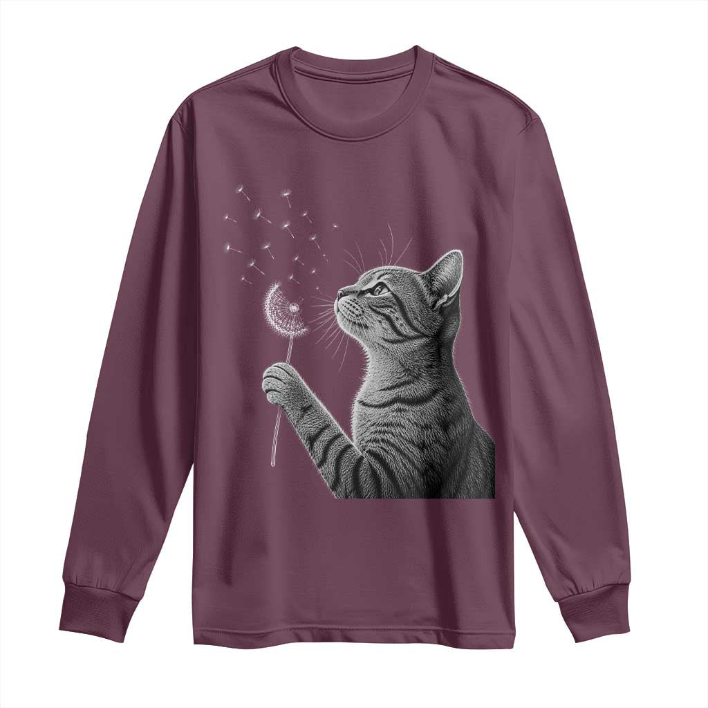 Cat Blowing Dandelion Long Sleeve Shirt Kitten Making A Wish Nature Art TS11 Maroon Print Your Wear