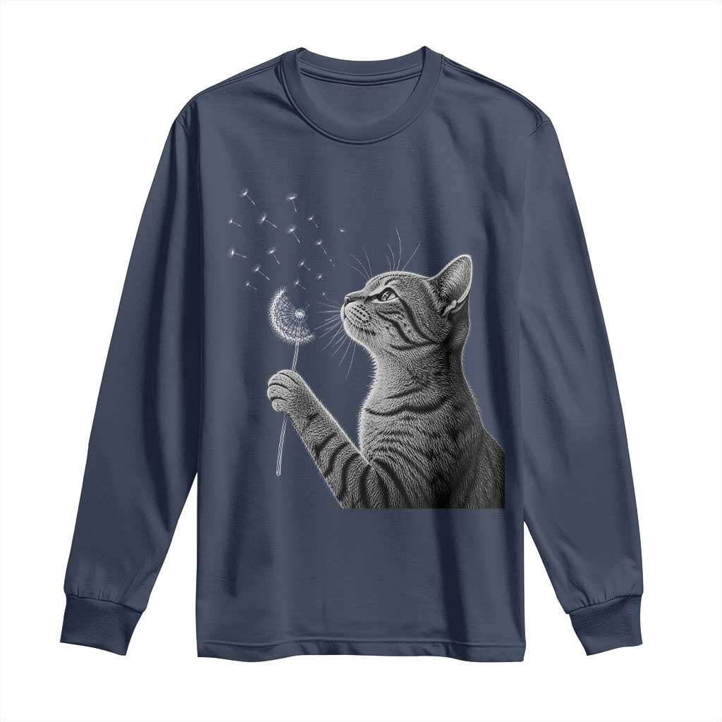 Cat Blowing Dandelion Long Sleeve Shirt Kitten Making A Wish Nature Art TS11 Navy Print Your Wear