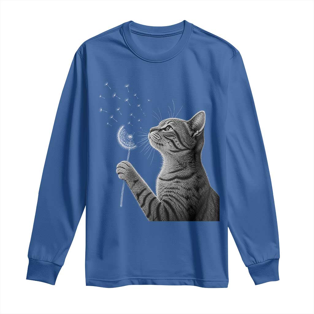 Cat Blowing Dandelion Long Sleeve Shirt Kitten Making A Wish Nature Art TS11 Royal Blue Print Your Wear