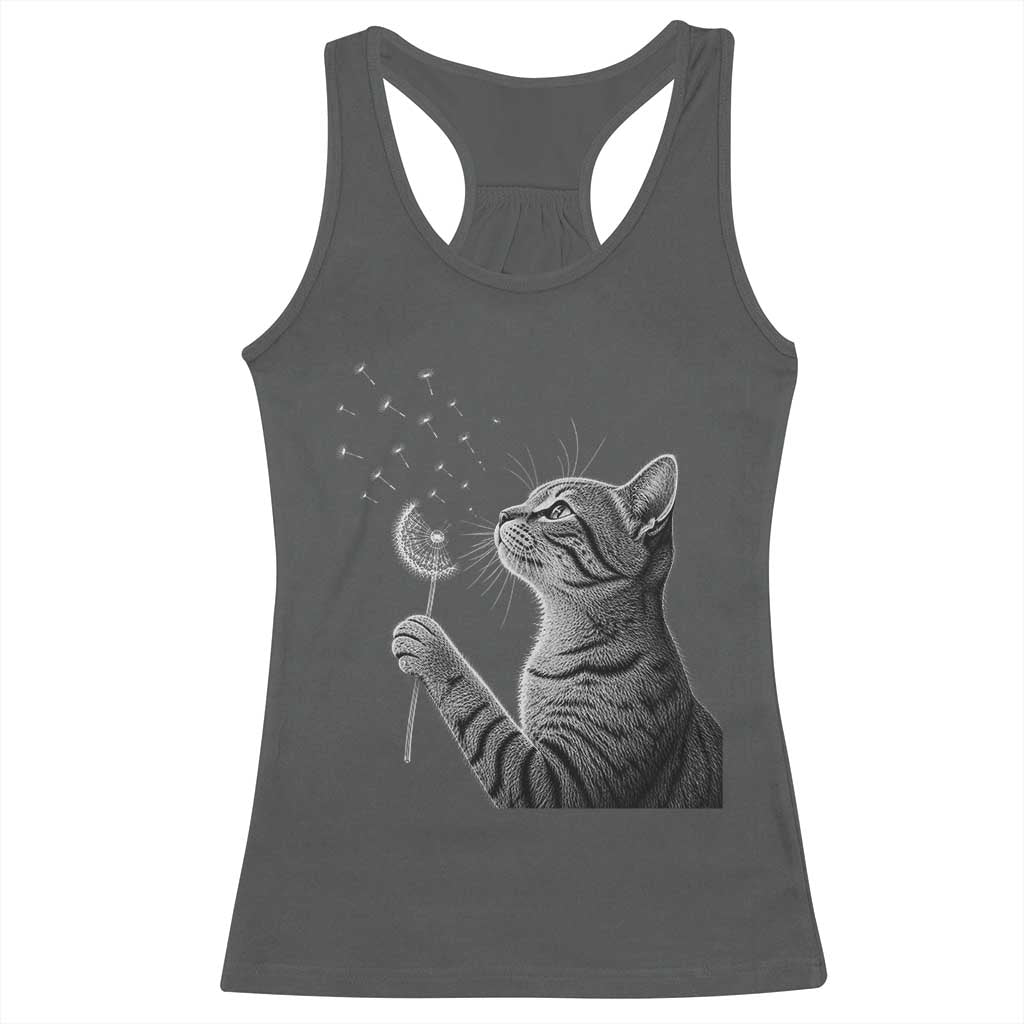 Cat Blowing Dandelion Racerback Tank Top Kitten Making A Wish Nature Art TS11 Dark Heather Print Your Wear