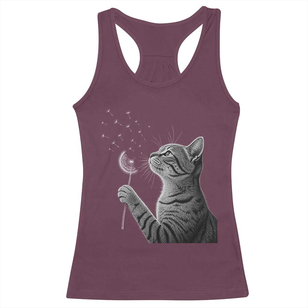 Cat Blowing Dandelion Racerback Tank Top Kitten Making A Wish Nature Art TS11 Maroon Print Your Wear