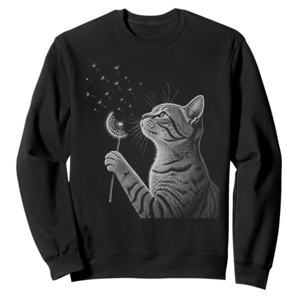 Cat Blowing Dandelion Sweatshirt Kitten Making A Wish Nature Art TS11 Black Print Your Wear
