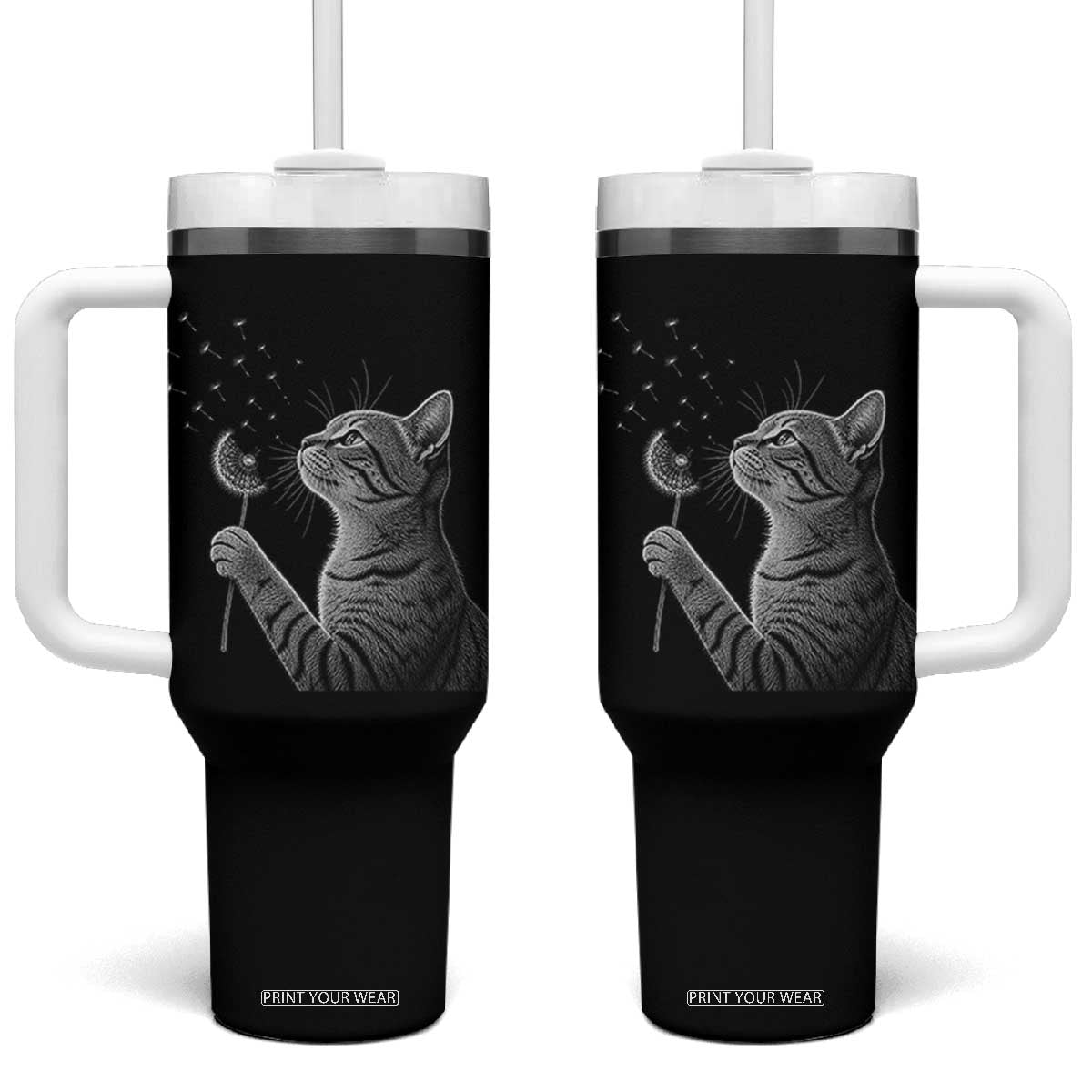 Cat Blowing Dandelion Tumbler With Handle Kitten Making A Wish Nature Art TS11 One Size: 40 oz Black Print Your Wear