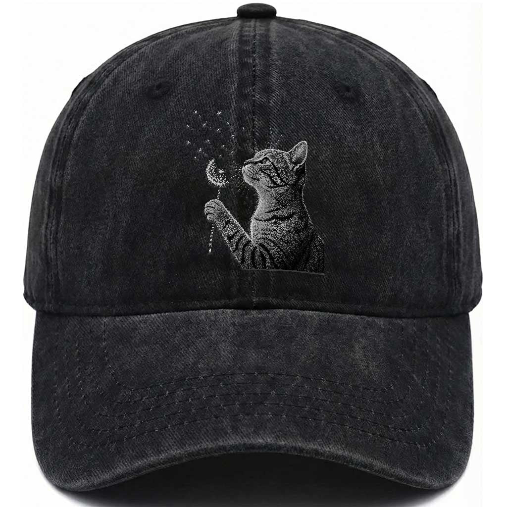 Cat Blowing Dandelion Washed Cotton Baseball Cap Kitten Making A Wish Nature Art TS11 Print Your Wear