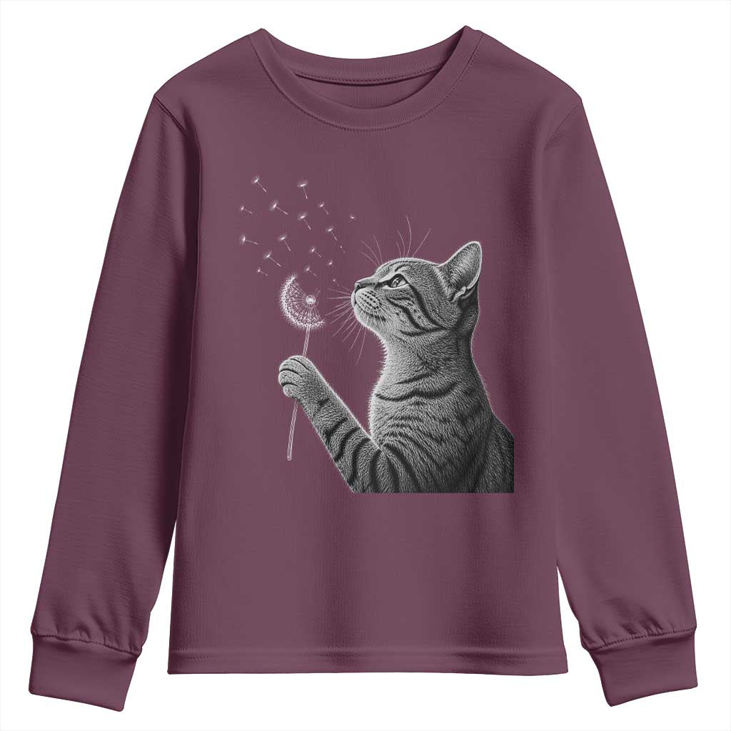 Cat Blowing Dandelion Youth Sweatshirt Kitten Making A Wish Nature Art TS11 Maroon Print Your Wear