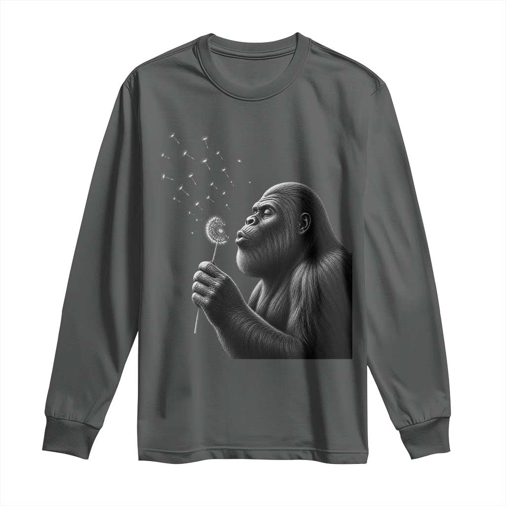 Bigfoot Blowing Dandelion Long Sleeve Shirt Funny Sasquatch Making A Wish TS11 Dark Heather Print Your Wear