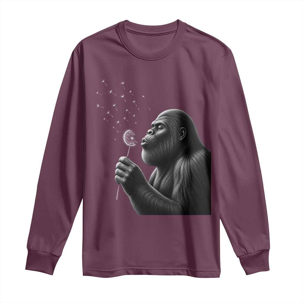 Bigfoot Blowing Dandelion Long Sleeve Shirt Funny Sasquatch Making A Wish TS11 Maroon Print Your Wear