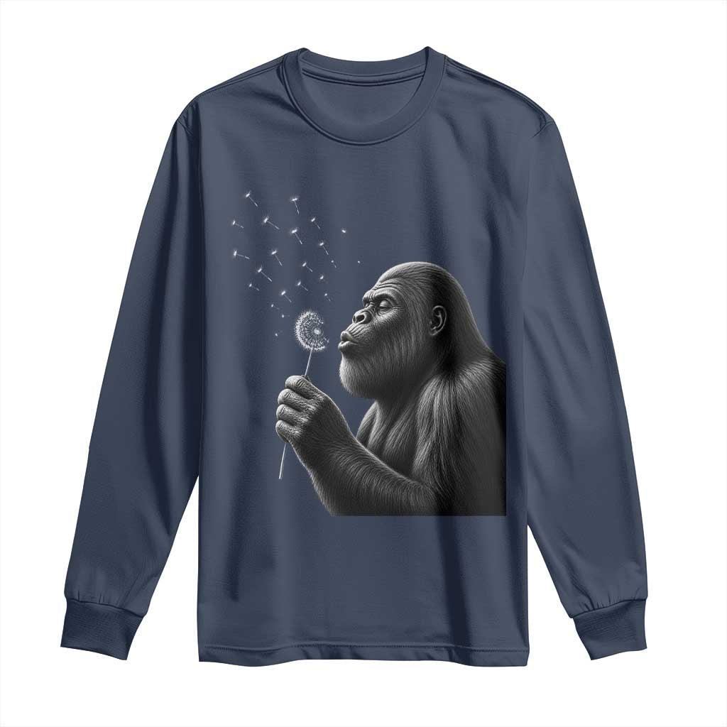 Bigfoot Blowing Dandelion Long Sleeve Shirt Funny Sasquatch Making A Wish TS11 Navy Print Your Wear