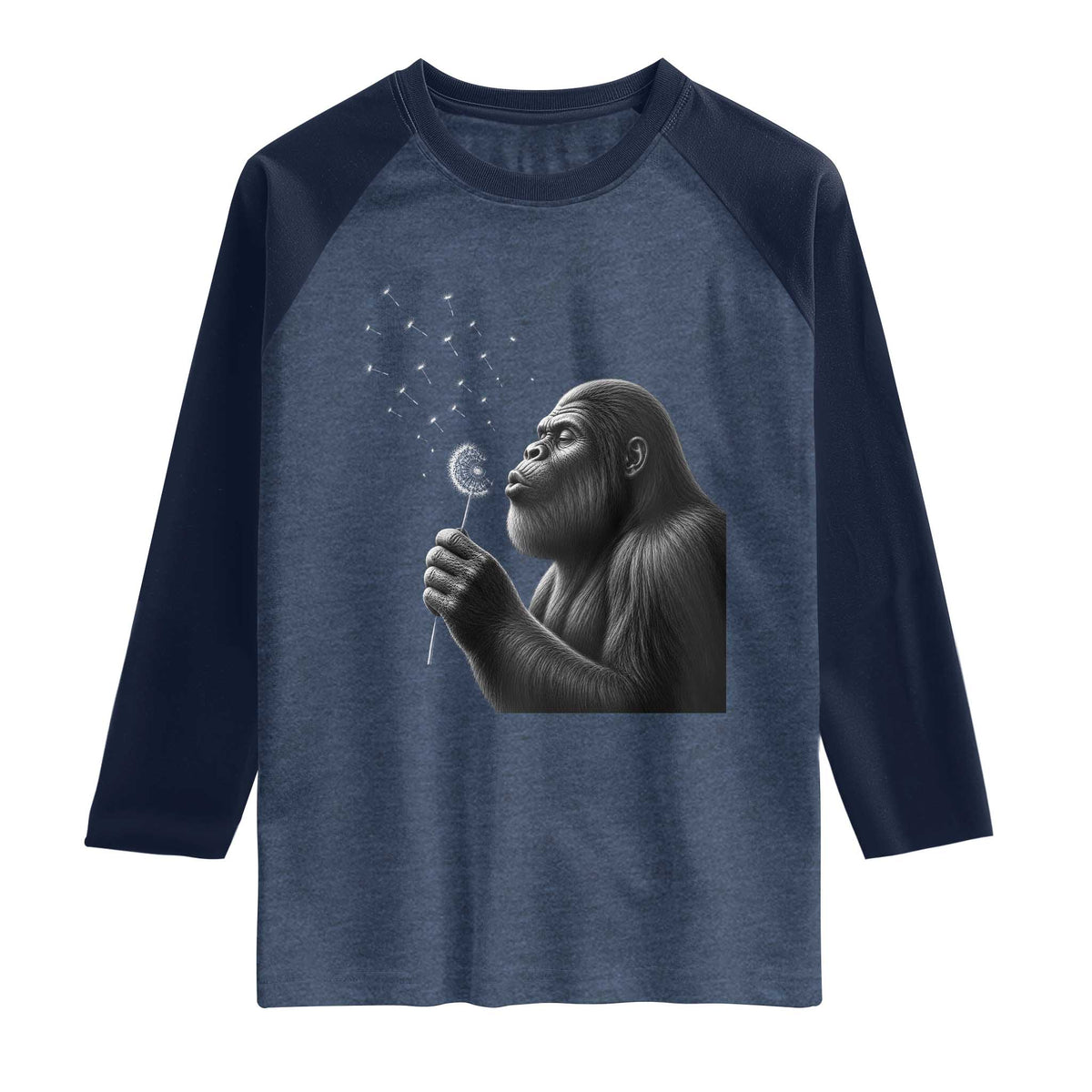 Bigfoot Blowing Dandelion Raglan Shirt Funny Sasquatch Making A Wish TS11 Heather Denim Navy Print Your Wear