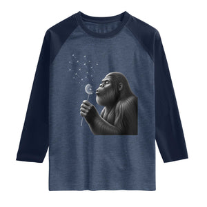 Bigfoot Blowing Dandelion Raglan Shirt Funny Sasquatch Making A Wish TS11 Heather Denim Navy Print Your Wear