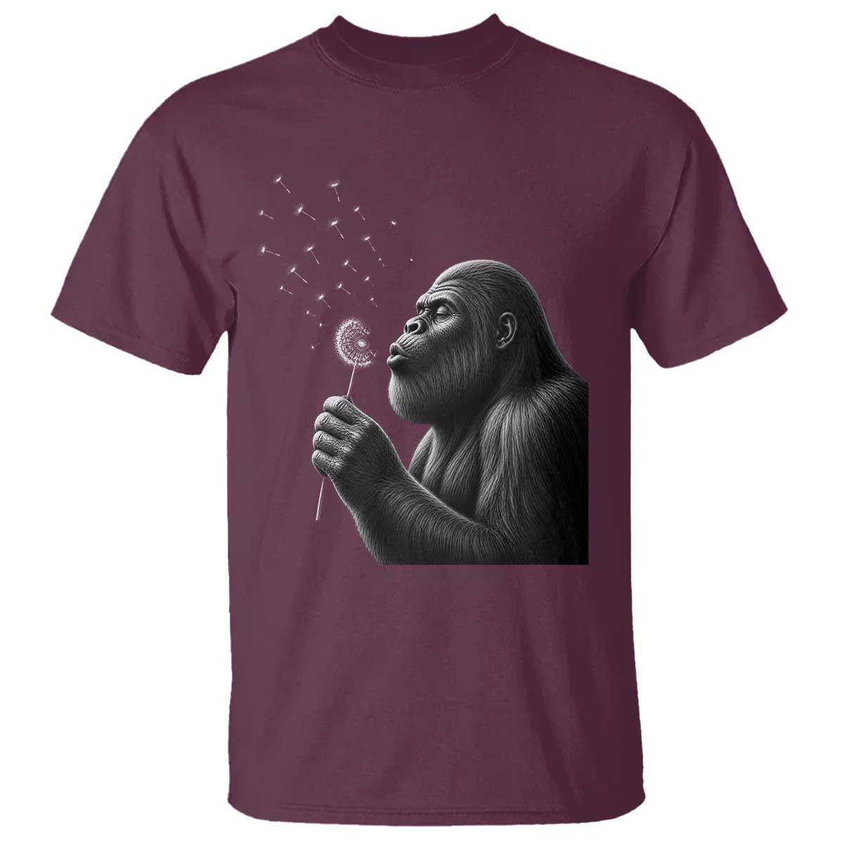 Bigfoot Blowing Dandelion T Shirt Funny Sasquatch Making A Wish TS11 Maroon Print Your Wear