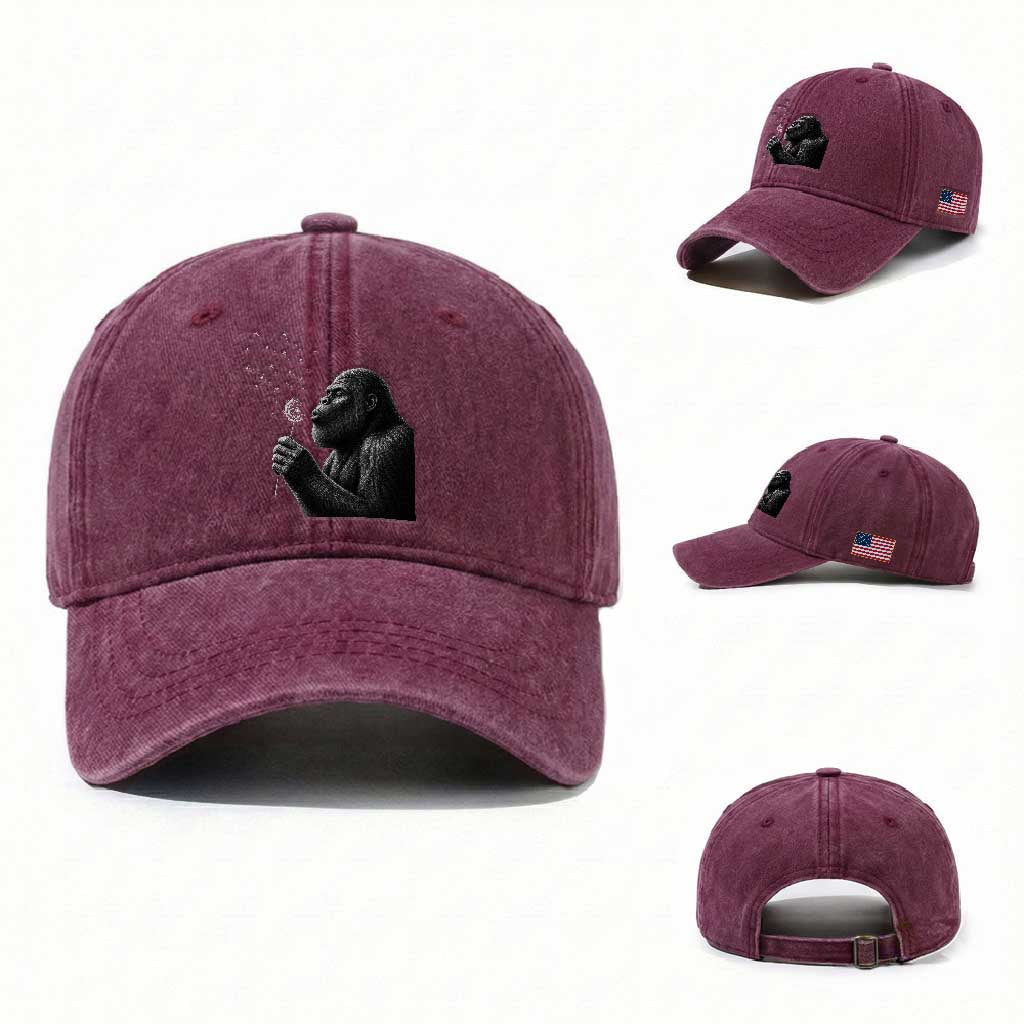Bigfoot Blowing Dandelion Washed Cotton Baseball Cap Funny Sasquatch Making A Wish TS11 Washed Cap Universal Fit Burgundy Print Your Wear