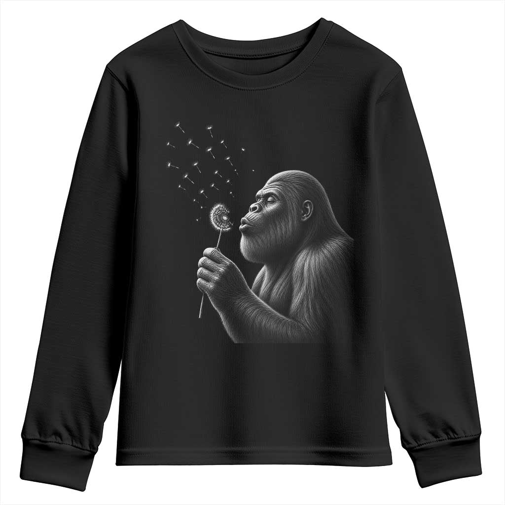 Bigfoot Blowing Dandelion Youth Sweatshirt Funny Sasquatch Making A Wish TS11 Black Print Your Wear