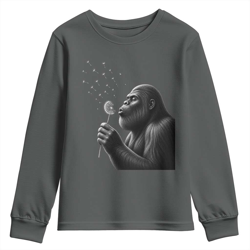 Bigfoot Blowing Dandelion Youth Sweatshirt Funny Sasquatch Making A Wish TS11 Dark Heather Print Your Wear