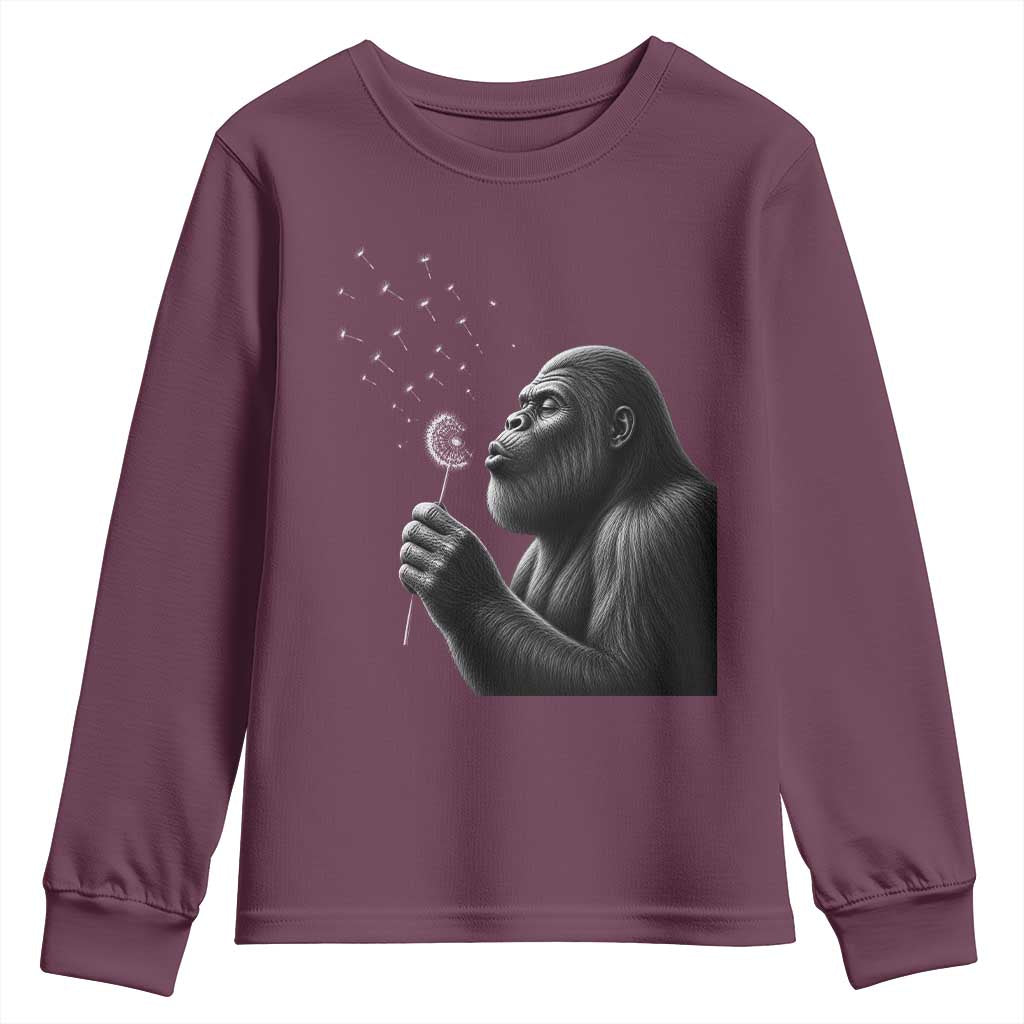Bigfoot Blowing Dandelion Youth Sweatshirt Funny Sasquatch Making A Wish TS11 Maroon Print Your Wear