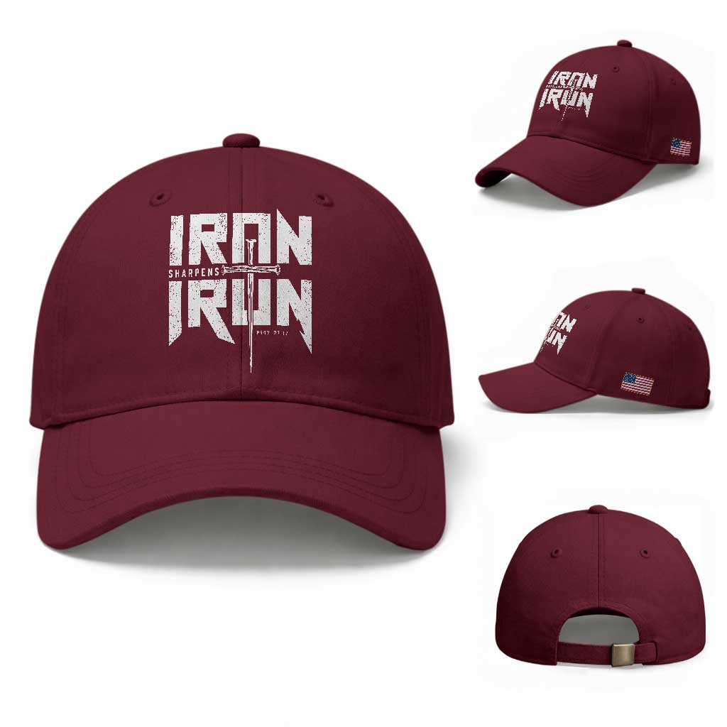 Iron Sharpens Iron Baseball Cap Christian Bible Scripture Gym Workout TS11 Baseball Cap Universal Fit Maroon Print Your Wear