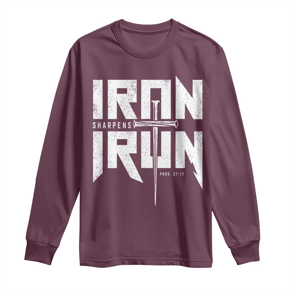 Iron Sharpens Iron Long Sleeve Shirt Christian Bible Scripture Gym Workout TS11 Maroon Print Your Wear