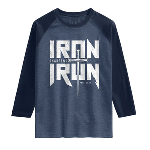 Iron Sharpens Iron Raglan Shirt Christian Bible Scripture Gym Workout TS11 Heather Denim Navy Print Your Wear