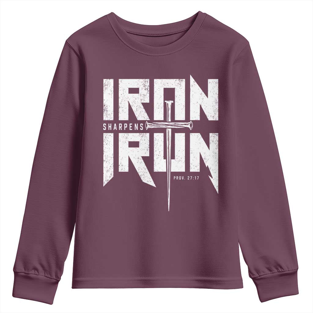 Iron Sharpens Iron Youth Sweatshirt Christian Bible Scripture Gym Workout TS11 Maroon Print Your Wear