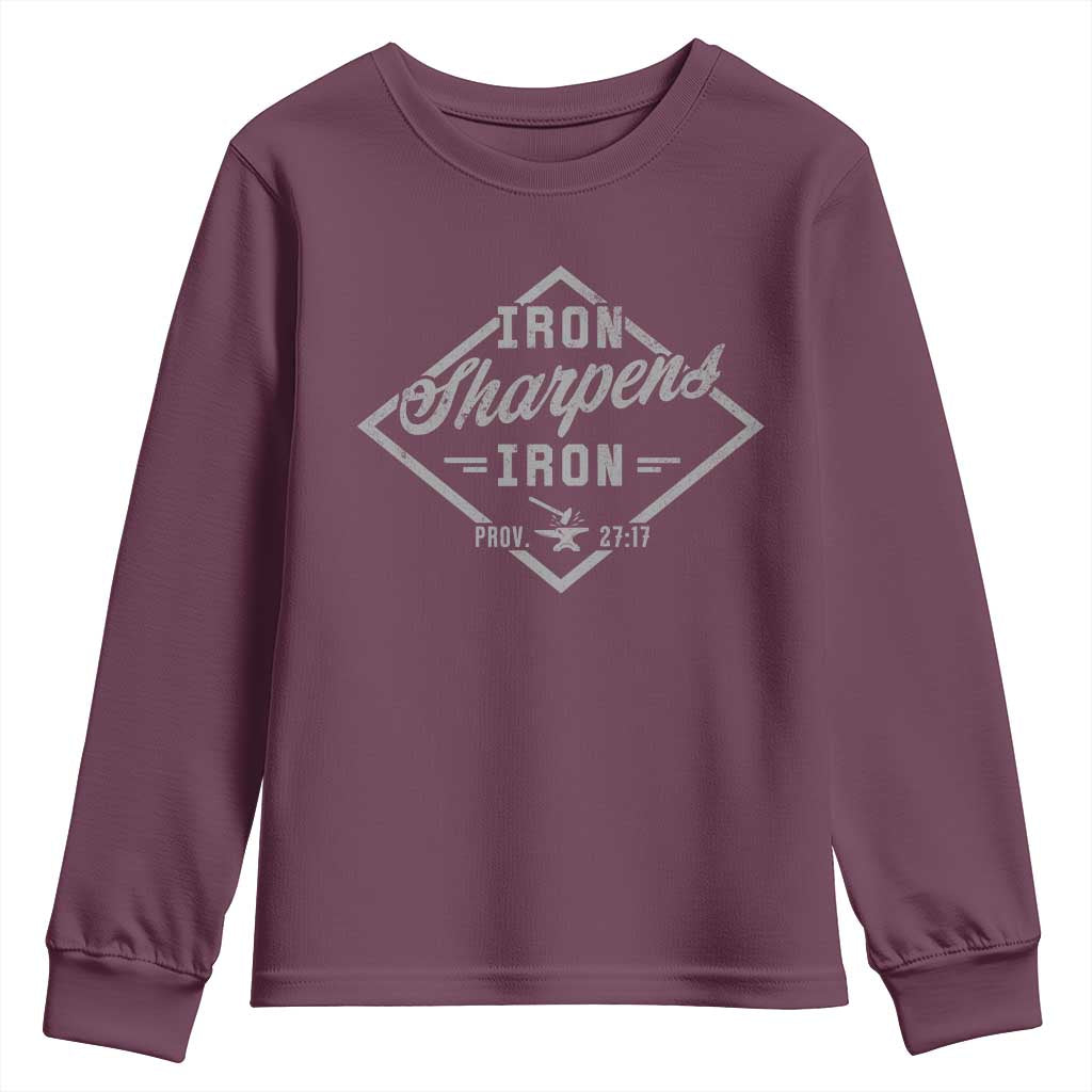 Iron Sharpens Iron Youth Sweatshirt Christian Faith Scripture Nail Jesus Cross TS11 Maroon Print Your Wear
