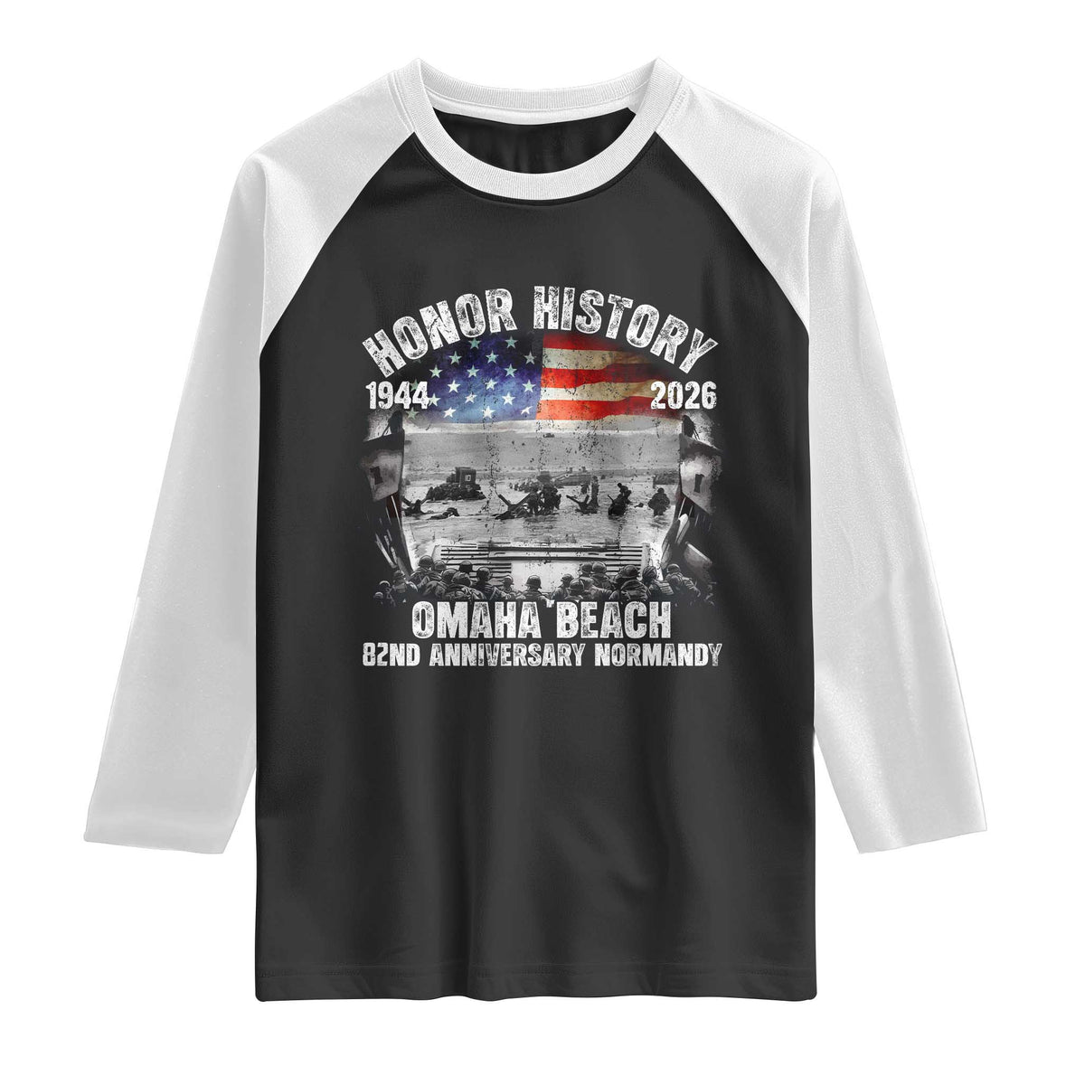 Omaha Beach D Day Raglan Shirt 82nd Anniversary Honor History Normandy WWII TS11 Black White Print Your Wear