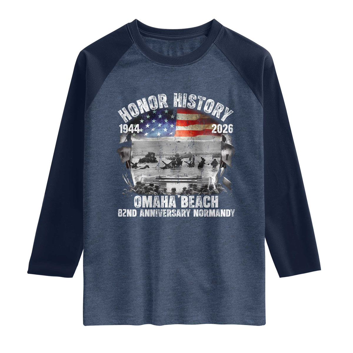 Omaha Beach D Day Raglan Shirt 82nd Anniversary Honor History Normandy WWII TS11 Heather Denim Navy Print Your Wear