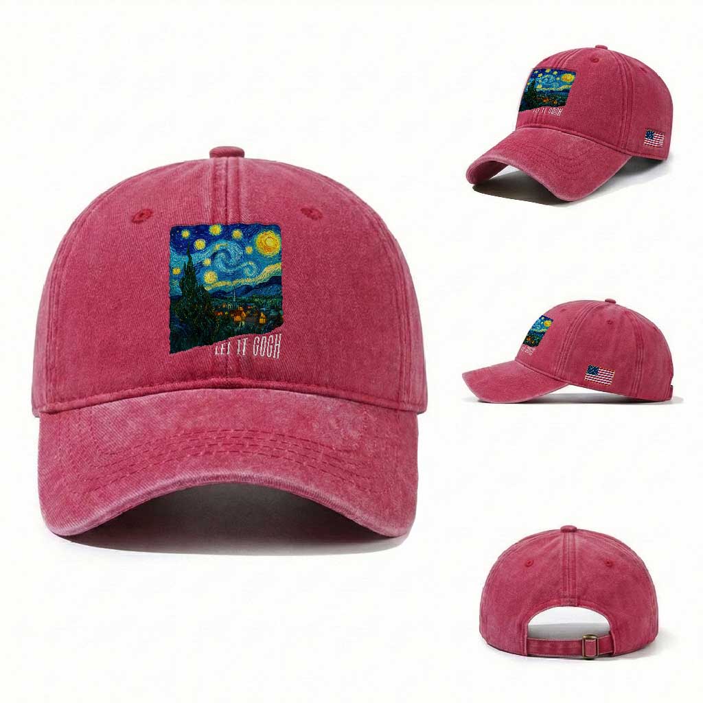 Let It Gogh Funny Vincent Van Gogh Washed Cotton Baseball Cap Starry Night Design Art Lover TS11 Washed Cap Universal Fit Red Print Your Wear
