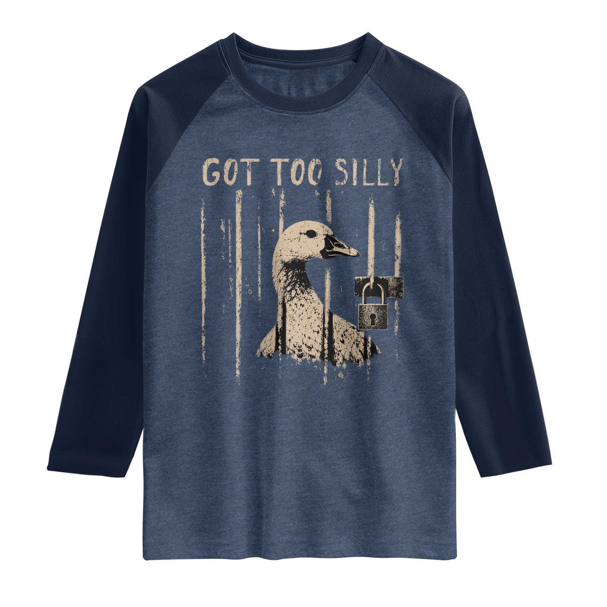 Got Too Silly Raglan Shirt Funny Goose Jailbird Prison TS11 Heather Denim Navy Print Your Wear