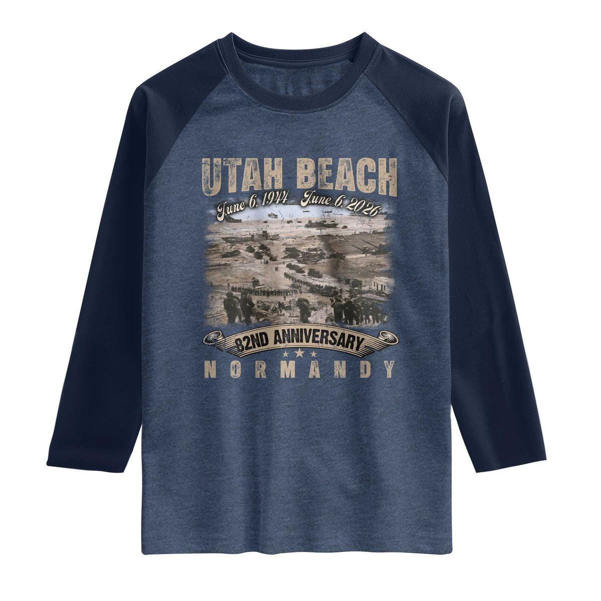 Utah Beach D Day Raglan Shirt 82nd Anniversary Honor History Normandy WWII TS11 Heather Denim Navy Print Your Wear
