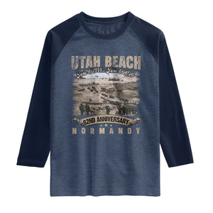 Utah Beach D Day Raglan Shirt 82nd Anniversary Honor History Normandy WWII TS11 Heather Denim Navy Print Your Wear