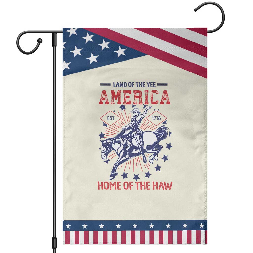 Funny 4th of July Western Cowboy Patriotic Garden Flag America Land Of The Yee Home Of The Haw TS11 Modern Beige Blue Print Your Wear