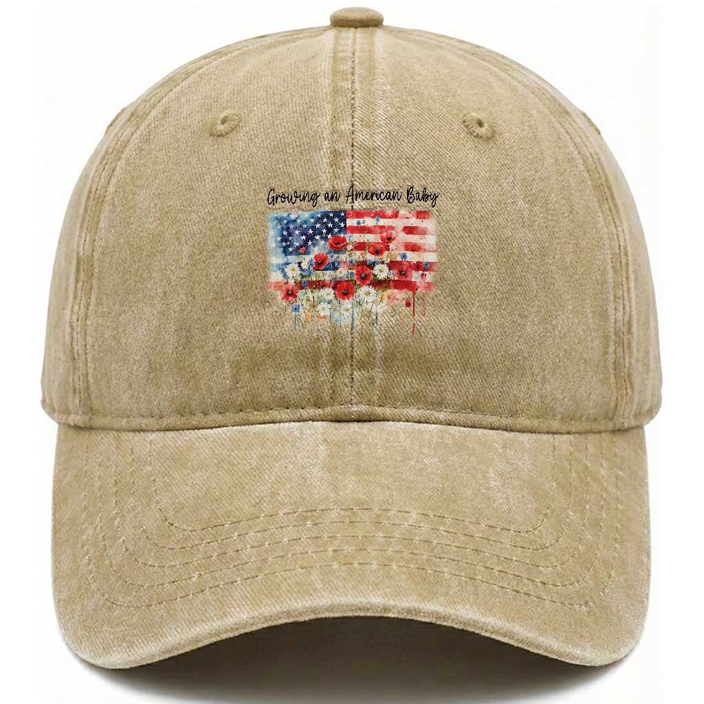 Funny 4th Of July Pregnancy Announcement Washed Cotton Baseball Cap Growing An American Baby USA Flag TS11 Washed Cap Universal Fit Khaki Print Your Wear