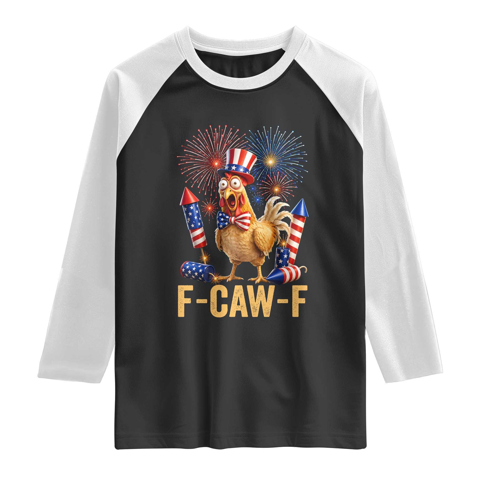 F Caw F 4th of July Raglan Shirt Funny Rooster Meme American Flag Fireworks TS11 Black White Print Your Wear