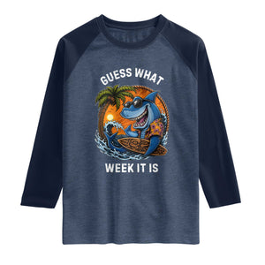 Funny Shark Guess What Week It Is Raglan Shirt Shark Awareness Summer Vacation TS11 Heather Denim Navy Print Your Wear