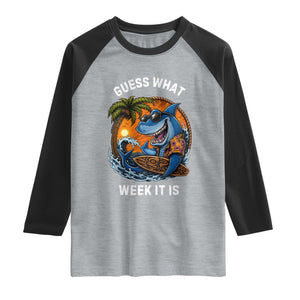 Funny Shark Guess What Week It Is Raglan Shirt Shark Awareness Summer Vacation TS11 Heather Gray Black Print Your Wear