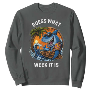 Funny Shark Guess What Week It Is Sweatshirt Shark Awareness Summer Vacation TS11 Dark Heather Print Your Wear