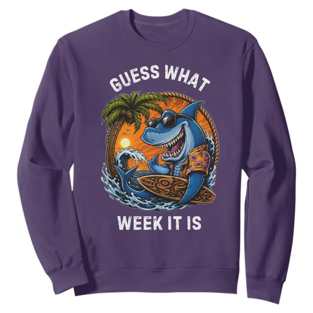 Funny Shark Guess What Week It Is Sweatshirt Shark Awareness Summer Vacation TS11 Purple Print Your Wear