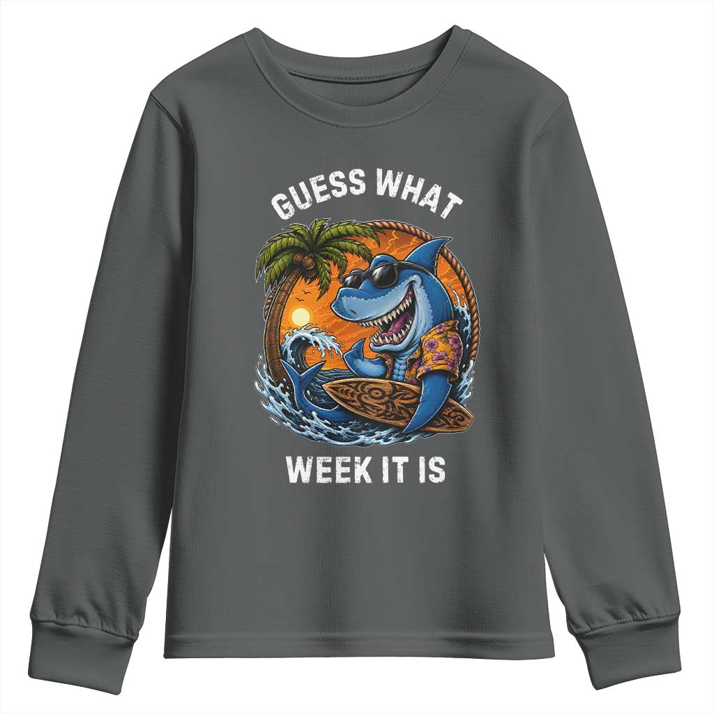 Funny Shark Guess What Week It Is Youth Sweatshirt Shark Awareness Summer Vacation TS11 Dark Heather Print Your Wear