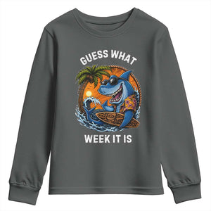 Funny Shark Guess What Week It Is Youth Sweatshirt Shark Awareness Summer Vacation TS11 Dark Heather Print Your Wear