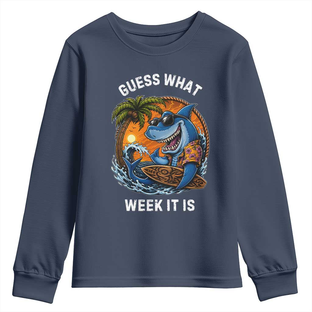 Funny Shark Guess What Week It Is Youth Sweatshirt Shark Awareness Summer Vacation TS11 Navy Print Your Wear
