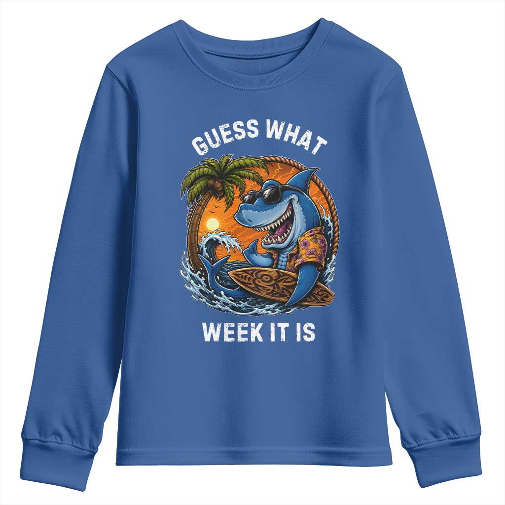 Funny Shark Guess What Week It Is Youth Sweatshirt Shark Awareness Summer Vacation TS11 Royal Blue Print Your Wear