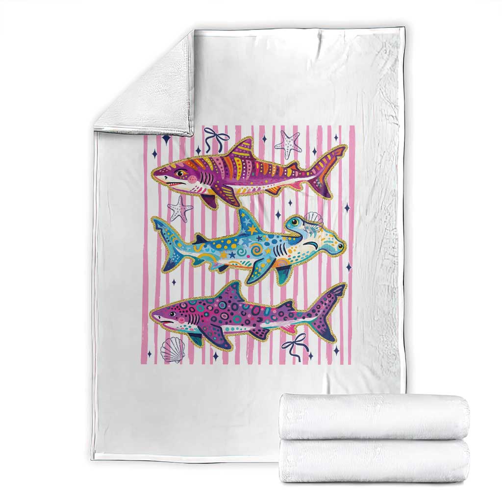 Shark Summer Striped Coastal Ocean Life Glitter Print Throw Blanket TS11 White Print Your Wear