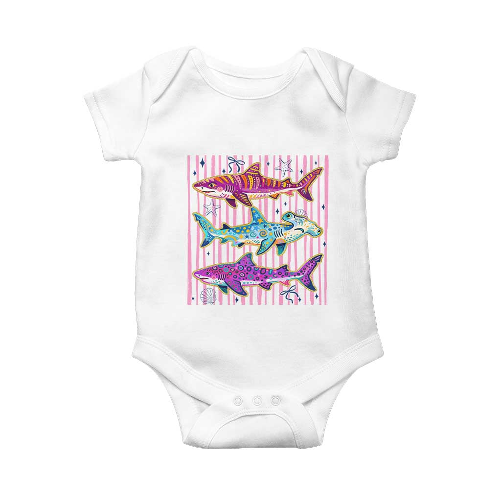 Shark Summer Striped Coastal Ocean Life Glitter Print Baby Onesie TS11 White Print Your Wear