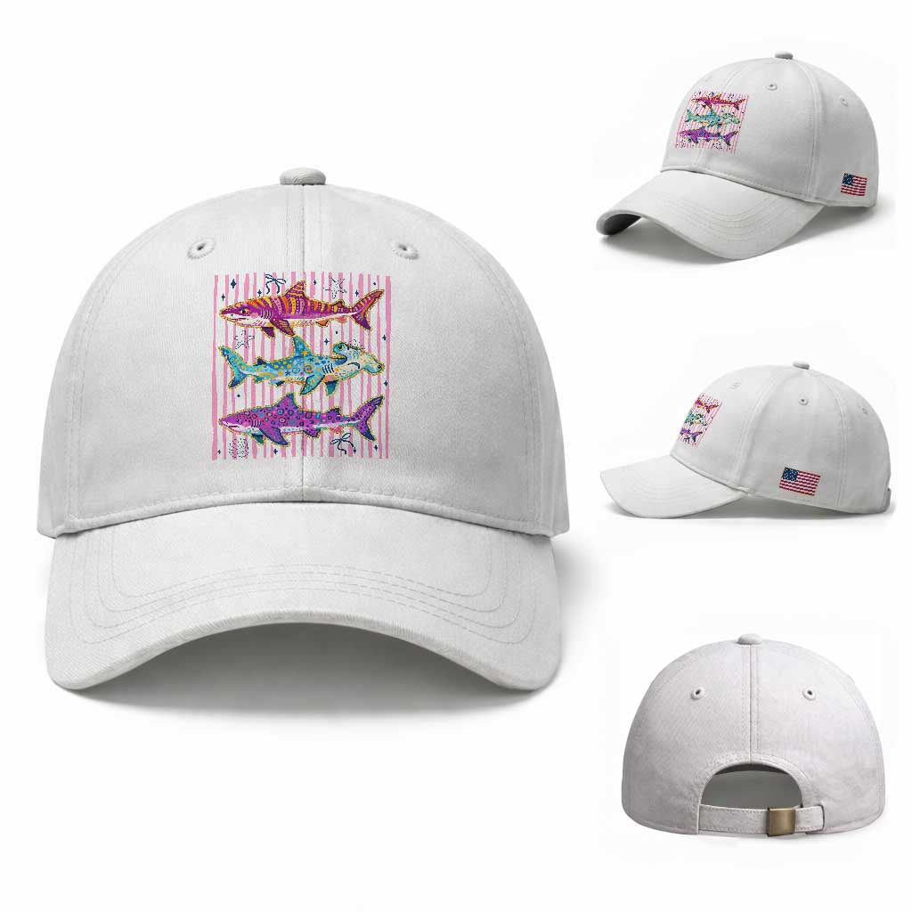 Shark Summer Striped Coastal Ocean Life Glitter Print Baseball Cap TS11 Baseball Cap Universal Fit White Print Your Wear