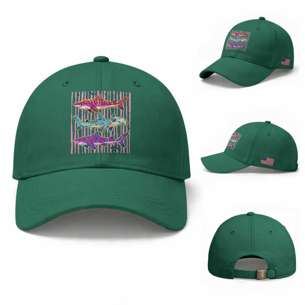 Shark Summer Striped Coastal Ocean Life Glitter Print Baseball Cap TS11 Baseball Cap Universal Fit Irish Green Print Your Wear