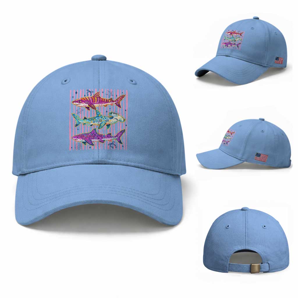 Shark Summer Striped Coastal Ocean Life Glitter Print Baseball Cap TS11 Baseball Cap Universal Fit Light Blue Print Your Wear