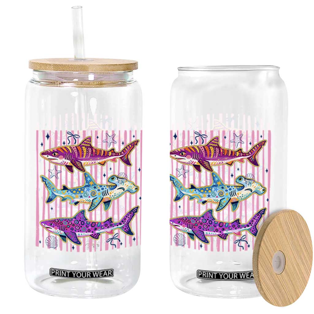 Shark Summer Striped Coastal Ocean Life Glitter Print Glass Can TS11 Print Your Wear
