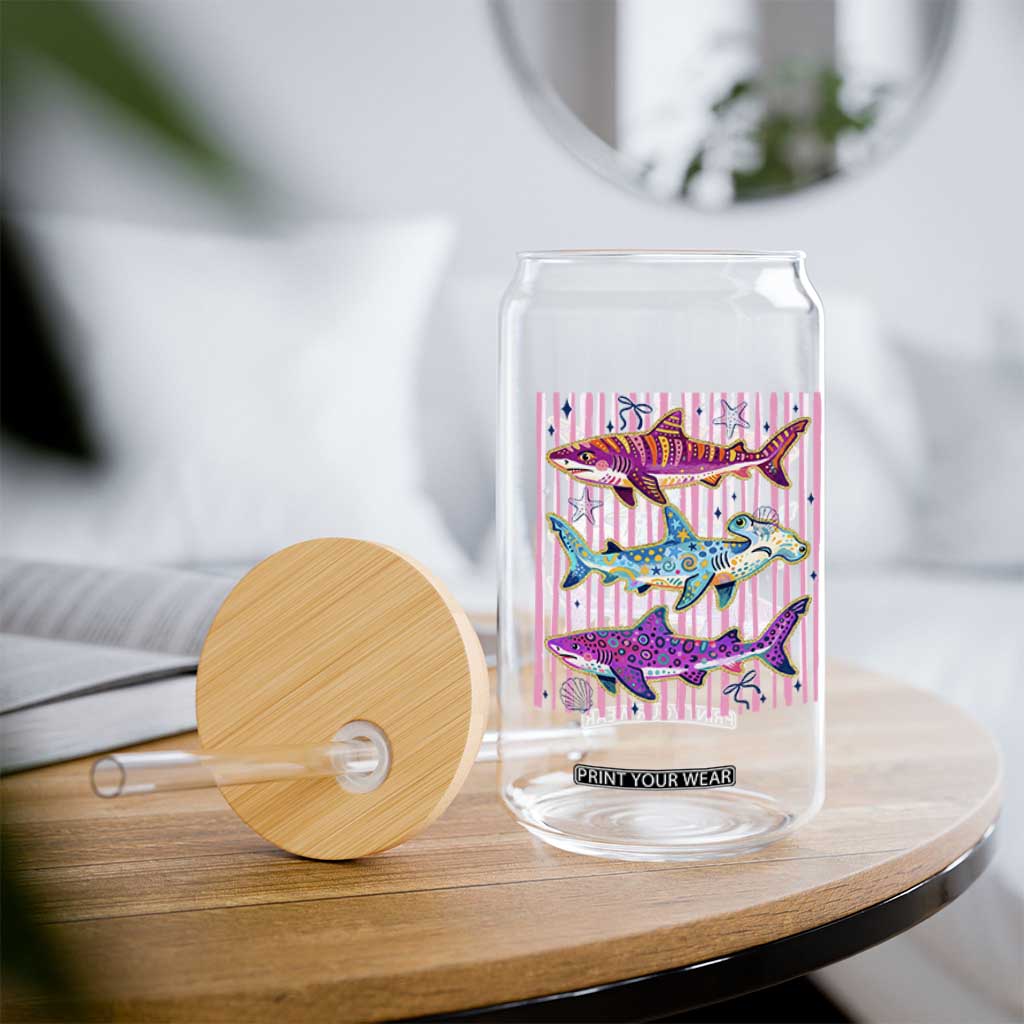 Shark Summer Striped Coastal Ocean Life Glitter Print Glass Can TS11 Print Your Wear