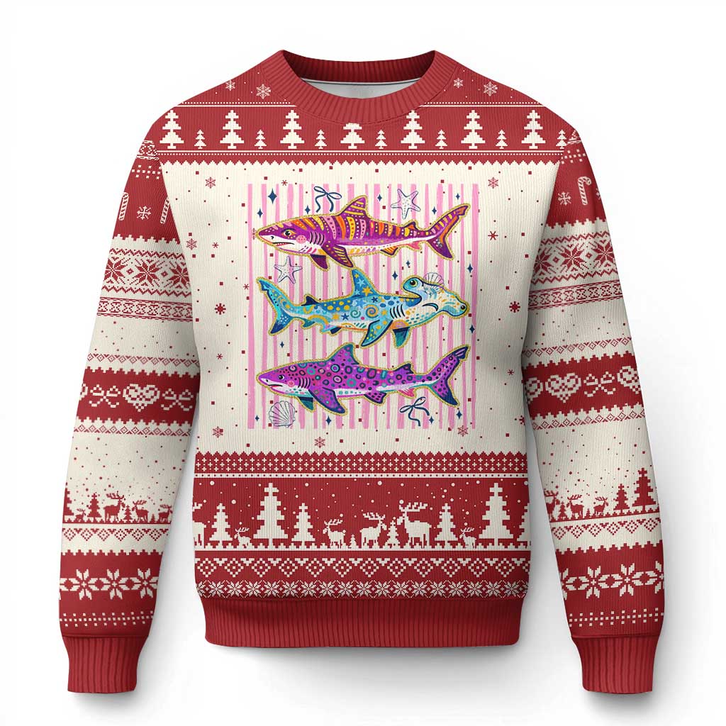 Shark Summer Striped Coastal Ocean Life Glitter Print Ugly Christmas Sweater TS11 Beige Red Print Your Wear